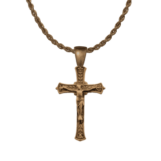 Vintage Bronze Crucifix with Leaves and Flowers