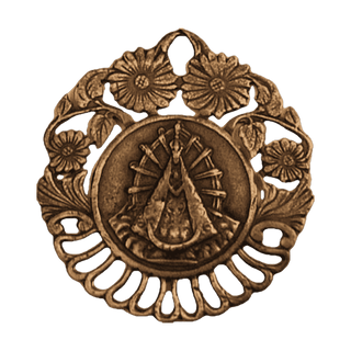 Vintage Bronze Our Lady of Lujan Medal with Flowers