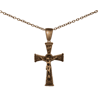 Vintage Bronze Wood Grain Flared and Beaded Crucifix