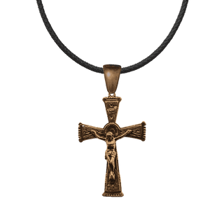 Vintage Bronze Wood Grain Flared and Beaded Crucifix
