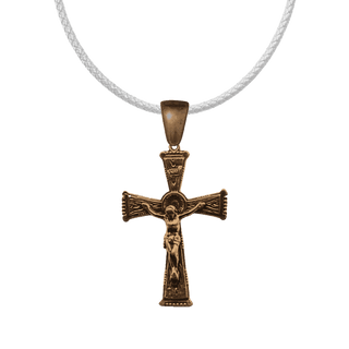 Vintage Bronze Wood Grain Flared and Beaded Crucifix