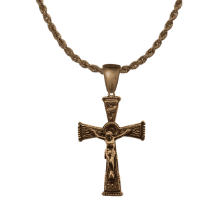 Vintage Bronze Wood Grain Flared and Beaded Crucifix