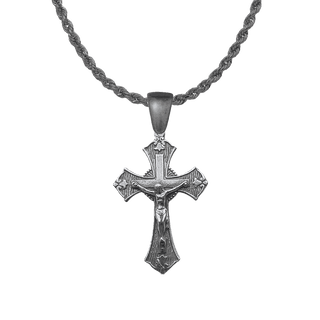 Vintage White Bronze Patterned Crucifix with Trefoils