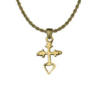 Vintage Yellow Bronze Small Mexican Cross with Open Heart
