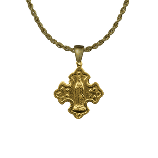 Vintage Yellow Bronze Crowned Madonna and Stars Cross Medal