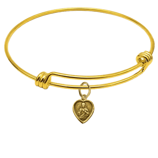 Vintage Yellow Bronze Small Heart Scapular Medal Bangle Bracelet