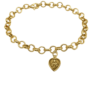 Vintage Yellow Bronze Small Heart Scapular Medal Bracelet