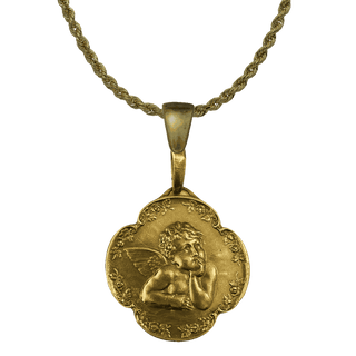 Vintage Yellow Bronze Daydreaming Angel in a Wreath of Roses
