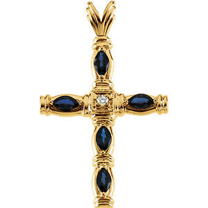 14K Gold 41.25x25 MM Sapphire & Diamond Cross Pendant