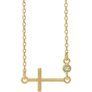 14K Gold Peridot Sideways Accented Cross 16-18" Necklace