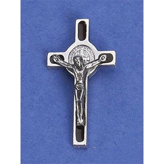 Bulk Saint Benedict Silver Toned Cross lapel Pin with Brown Enamel