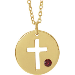 14K Gold Garnet Pierced Cross Disc 16-18" Necklace