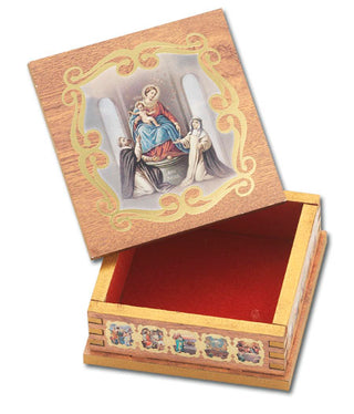 Our Lady Of The Rosary 3X3 Square Natural Wood Rosary Box