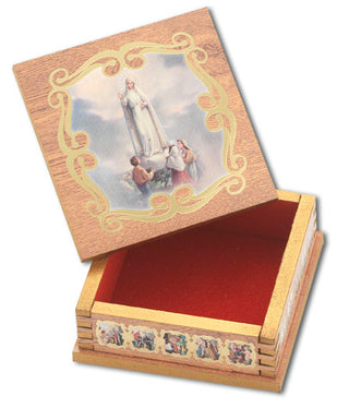 Our Lady Of Fatima 3X3 Square Natural Wood Rosary Box
