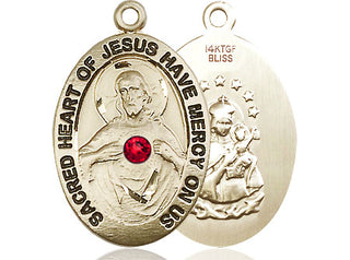 14kt Gold Filled Scapular with Ruby Stone Pendant with a 3mm Ruby Swarovski stone on an 24-inch Gold Plate Heavy Curb Chain