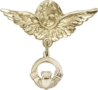 14kt Gold Large Angel w/Wings Claddagh Baby Badge