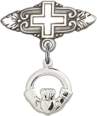 Sterling Silver Badge Pin With Cross Claddagh Baby Badge