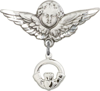 Sterling Silver Large Angel w/Wings Claddagh Baby Badge