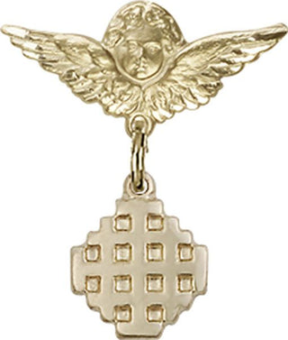 14kt Gold Filled Small Angel w/Wings Jerusalem Cross Baby Badge