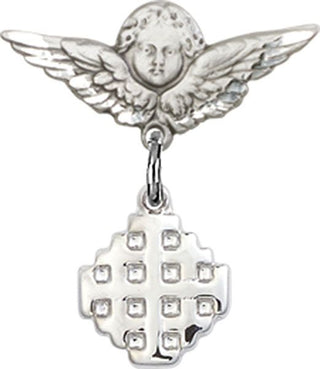 Sterling Silver Small Angel w/Wings Jerusalem Cross Baby Badge