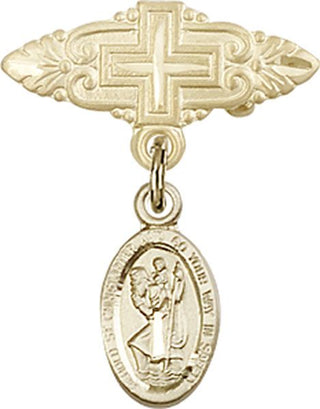 14kt Gold Badge Pin With Cross St. Christopher Baby Badge - Engravable