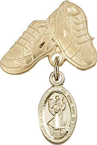 14kt Gold Baby Boots St. Christopher Baby Badge - Engravable