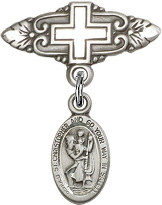 Sterling Silver Badge Pin With Cross St. Christopher Baby Badge - Engravable