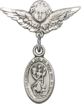 Sterling Silver Small Angel w/Wings St. Christopher Baby Badge - Engravable