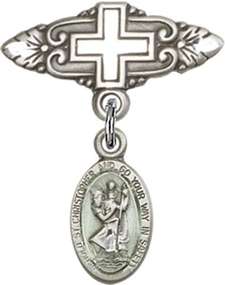 Sterling Silver Badge Pin With Cross St. Christopher Baby Badge