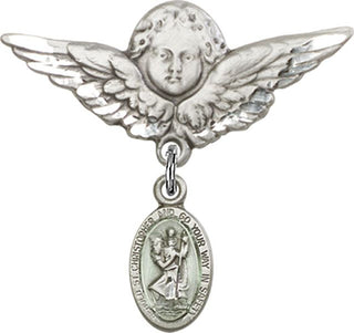 Sterling Silver Large Angel w/Wings St. Christopher Baby Badge