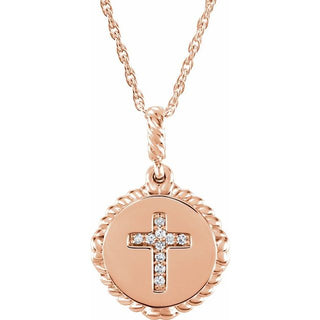 14K Rose .04 CTW Natural Diamond Cross Rope 16-18" Necklace