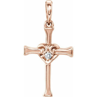 14K Rose .025 CT Natural Diamond Heart & Cross Pendant