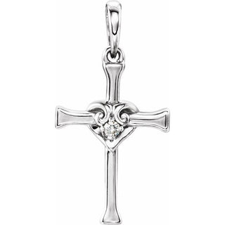 14K White .025 CT Natural Diamond Heart & Cross Pendant