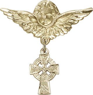 14kt Gold Large Angel w/Wings Celtic Cross Baby Badge