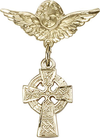 14kt Gold Small Angel w/Wings Celtic Cross Baby Badge
