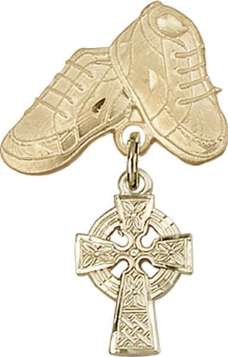 14kt Gold Baby Boots Celtic Cross Baby Badge