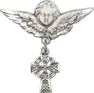 Sterling Silver Large Angel w/Wings Celtic Cross Baby Badge