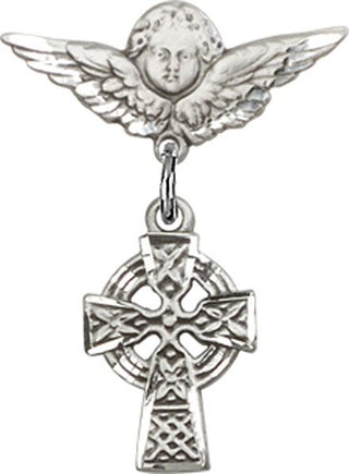 Sterling Silver Small Angel w/Wings Celtic Cross Baby Badge