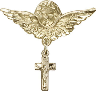14kt Gold Large Angel w/Wings Crucifix Baby Badge