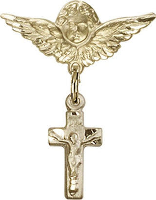 14kt Gold Small Angel w/Wings Crucifix Baby Badge