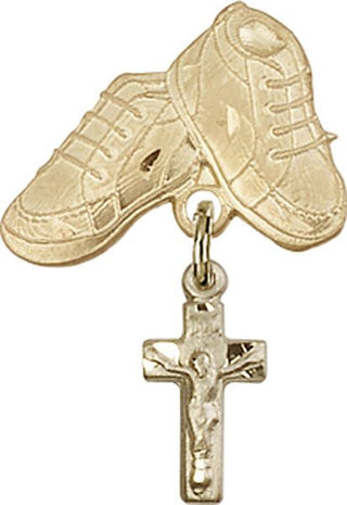 14kt Gold Baby Boots Crucifix Baby Badge