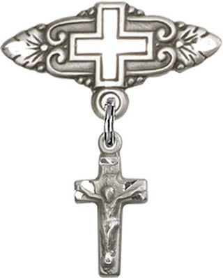 Sterling Silver Badge Pin With Cross Crucifix Baby Badge