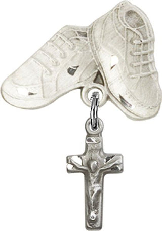 Sterling Silver Baby Boots Crucifix Baby Badge