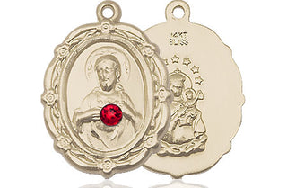 14kt Gold Scapular with Ruby Stone Medal with a 3mm Ruby Swarovski stone
