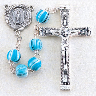 8MM Aqua Stripe Painted Wood Bead Rosary Boxed