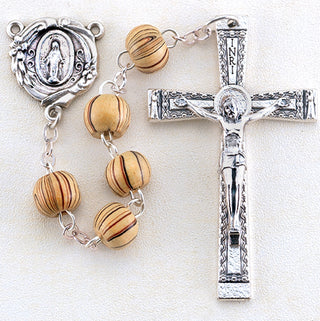8MM Lt Brown Stripe Painted Wood Bead Rosary
