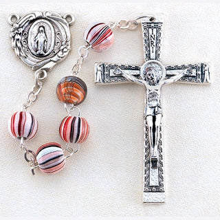 8MM Red Stripe Painted Wood Bead Rosary Boxed