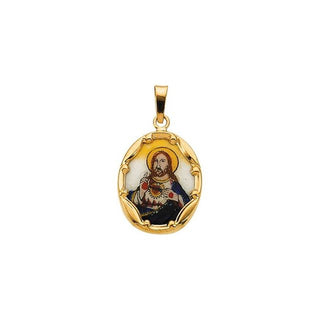 14K Yellow 17x13.5 mm Sacred Heart of Jesus Hand-Painted Porcelain Pendant