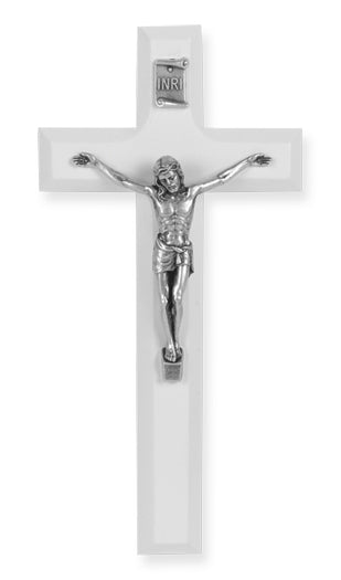 7" White Wood Cross With Antique Silver Corpus