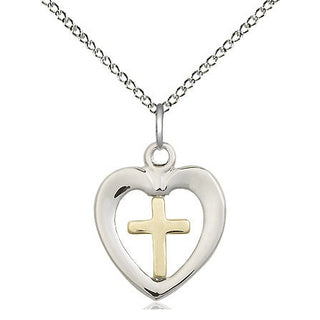 Two-Tone GF/SS Heart Cross Medal Religious and Catholic Jewelry
